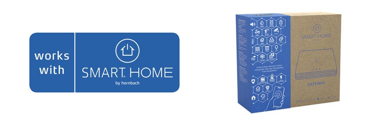 Smart Home by hornbach logo en verpakking voor de gateway voor huisautomatisering.