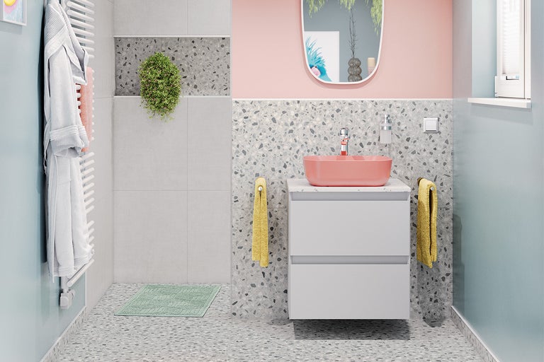 Moderne badkamer met wastafel, spiegel en radiator