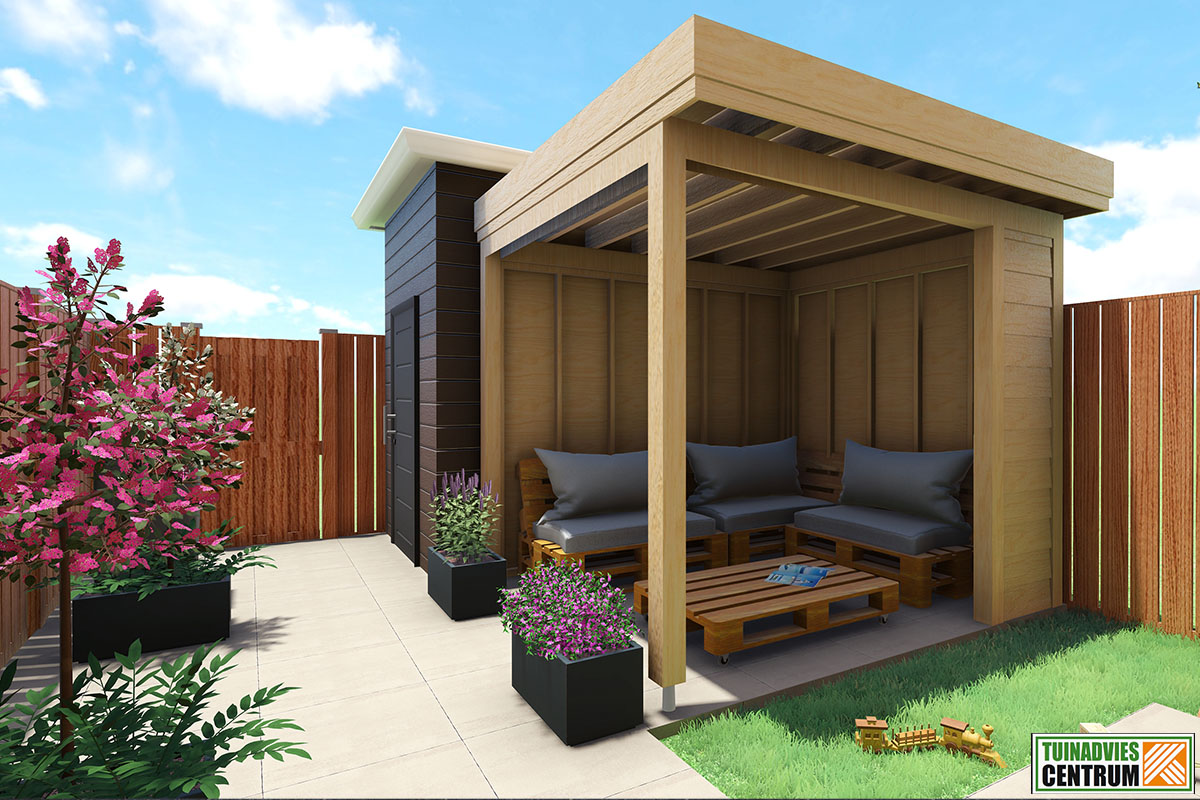 Tuinscene met houten paviljoen, tuinhuis en beplanting
