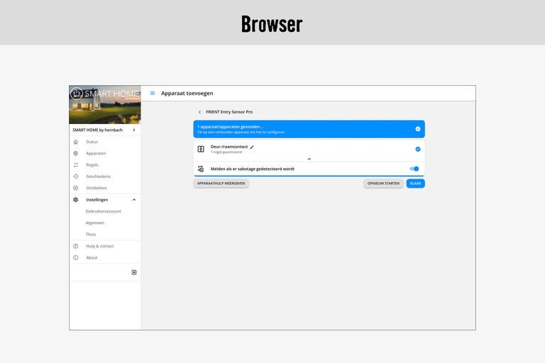 Browserweergave van de Smart Home app voor apparaatconfiguratie