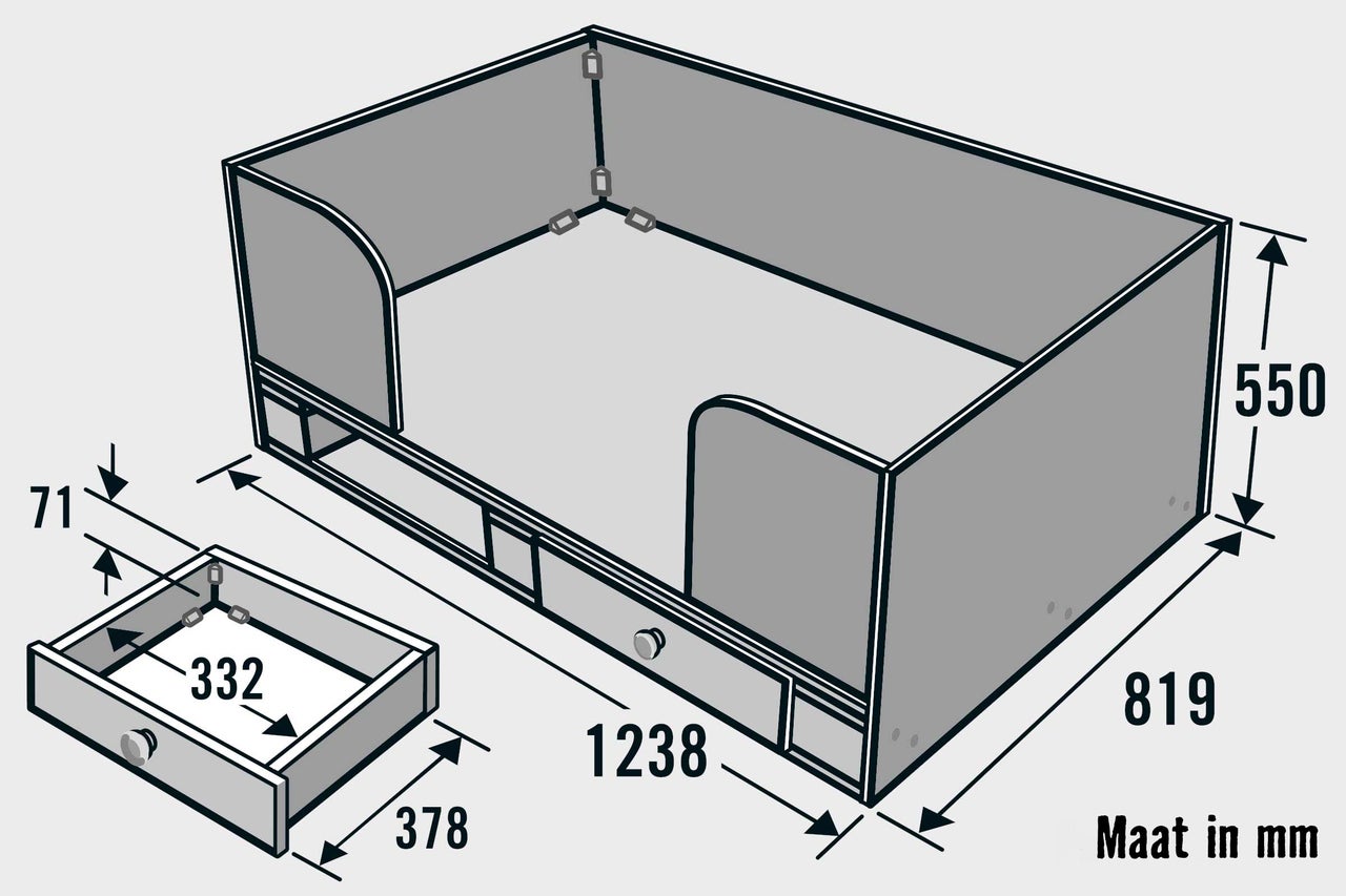 Technische tekening van een bedlade met lade en afmetingen in millimeters.