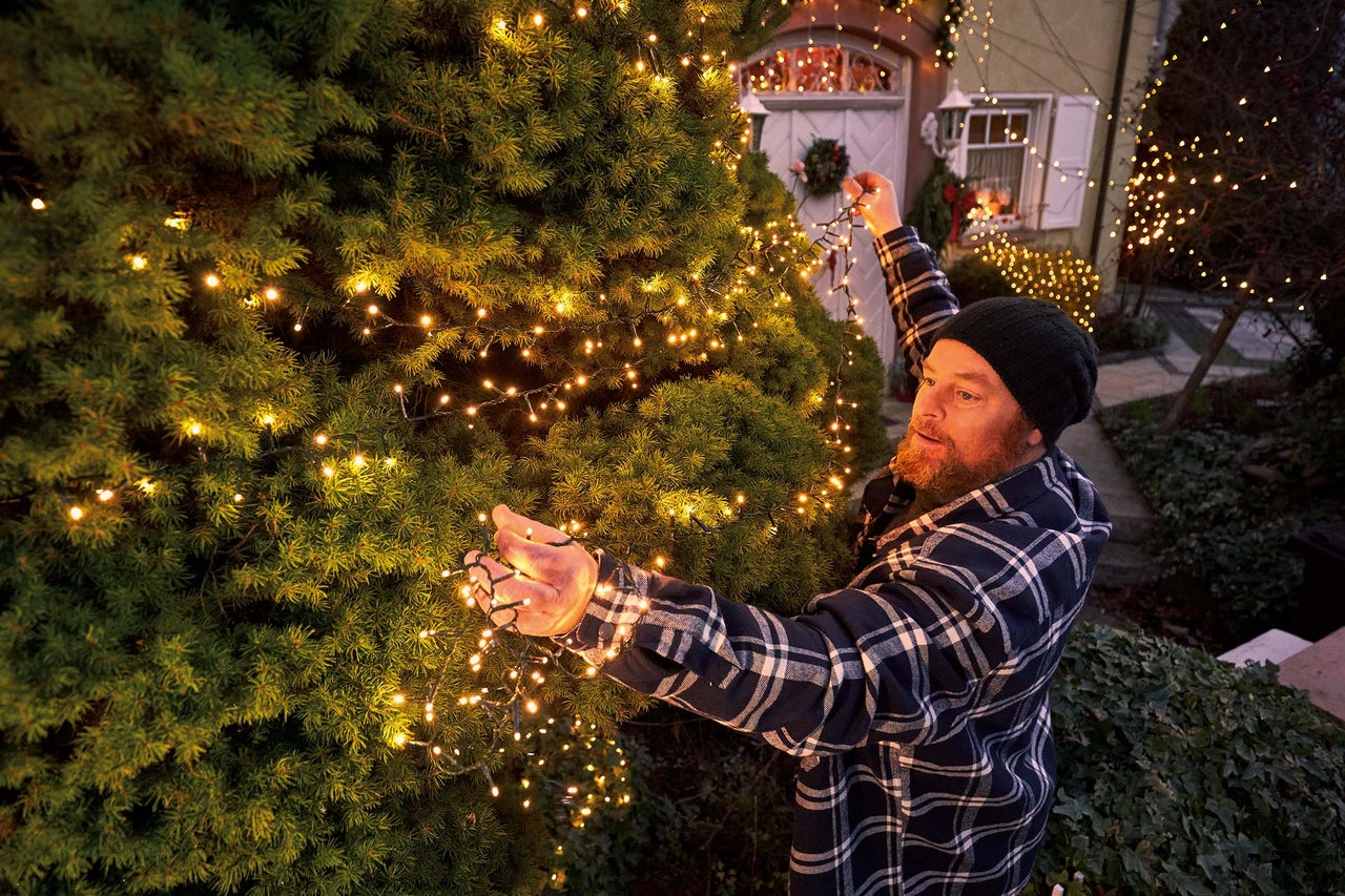 Man versiert boom met lichtsnoer voor huis