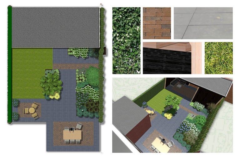 Tuinontwerp met bestrating, beplanting en tuinmeubilair.