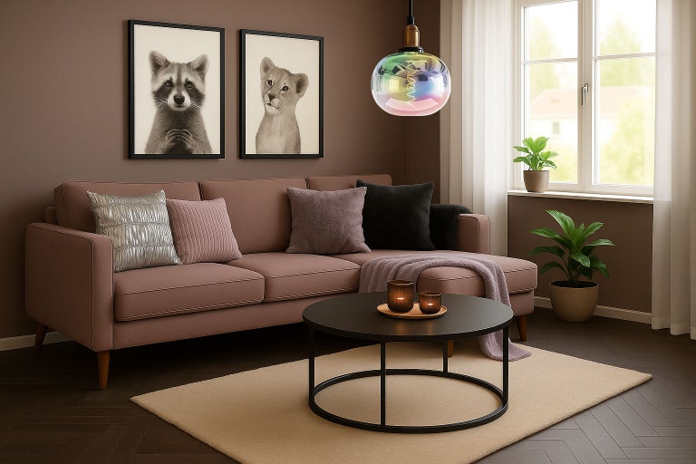 Woonkamer met bank, tafel en decoratieve gloeilamp