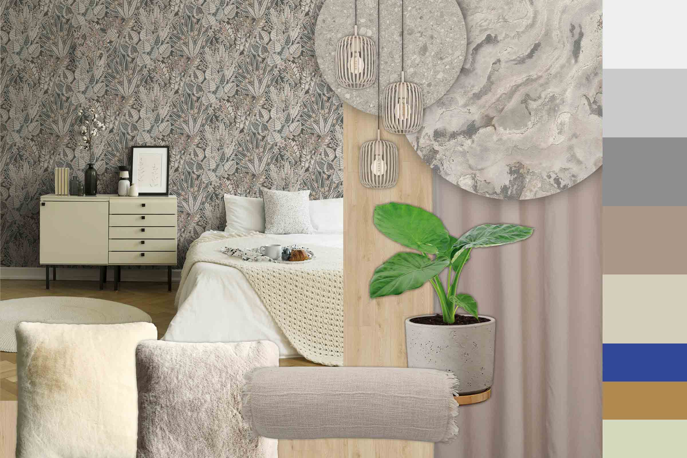 Slaapkamerinterieur met bed, nachtkastje, decoratieve wandbekleding en kamerplant