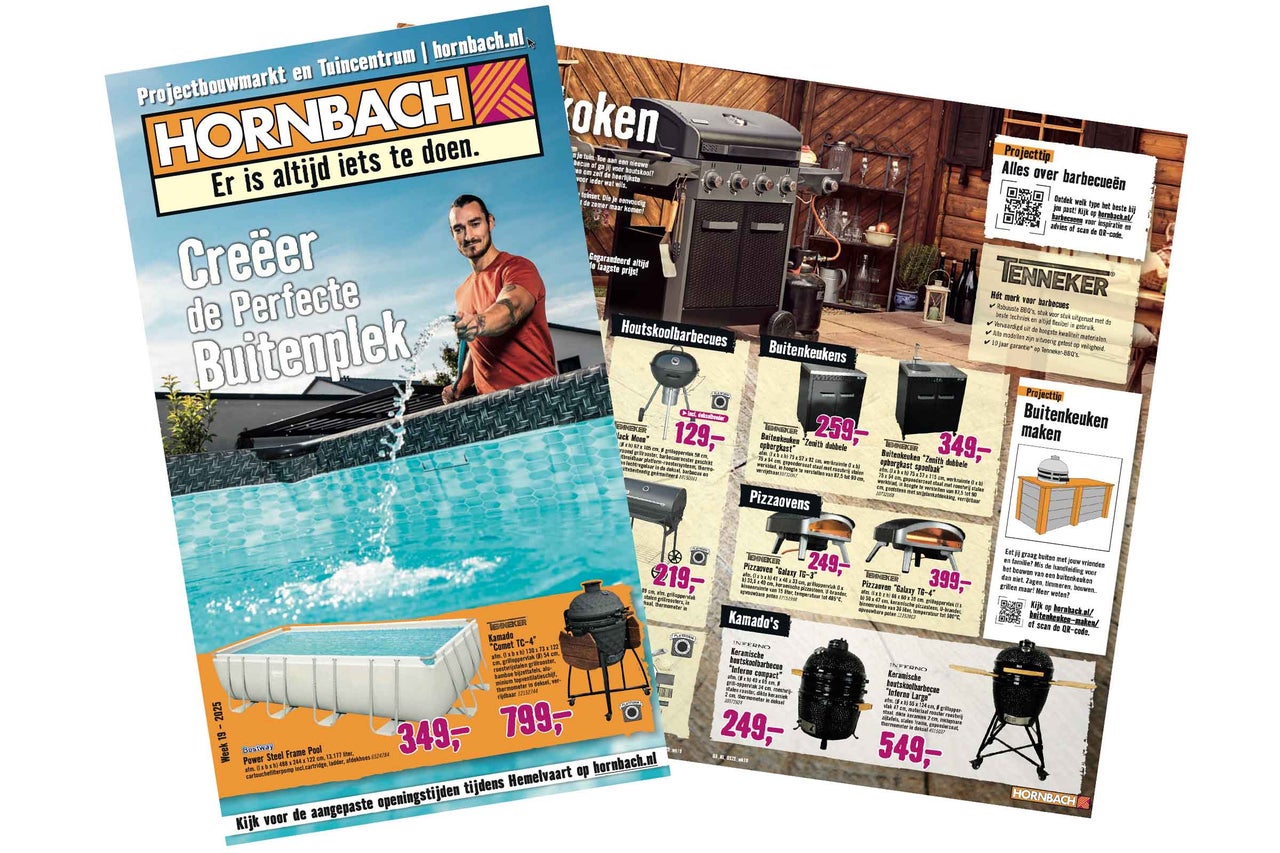 Hornbach reclame met aanbiedingen voor buiten: zwembaden, barbecues, buitenkeukens en accessoires.