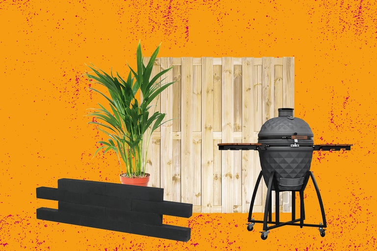 Scene met een barbecue, een houten wand, een kamerplant en bestrating voor buiten.