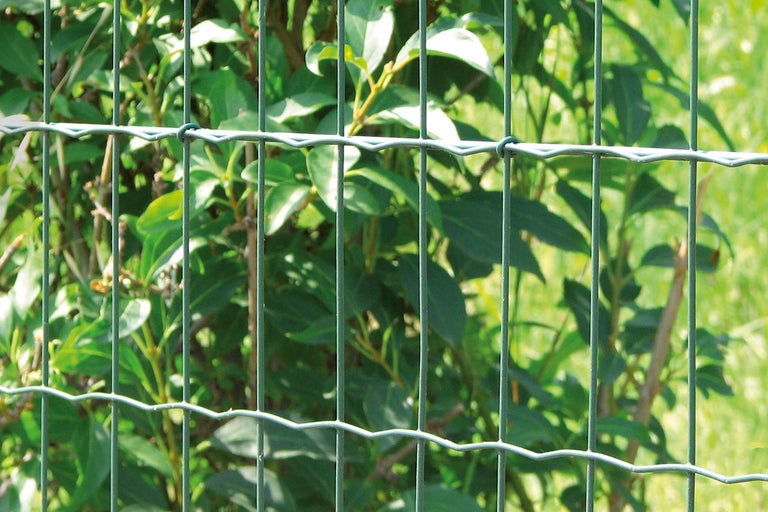 Close-up van een dubbelstaafmat hek tegen een groene achtergrond.
