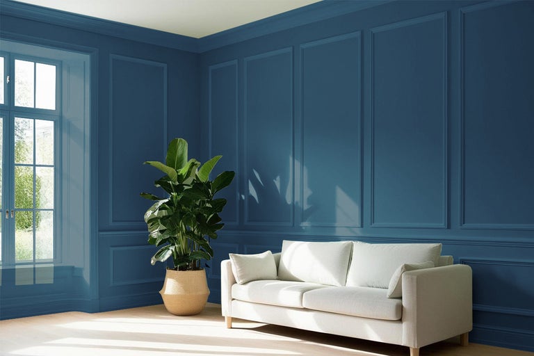 Woonkamer met blauw geschilderde muren, witte bank en kamerplant in een mand