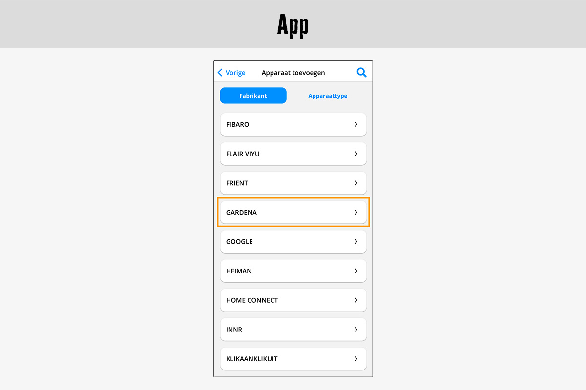 App-weergave met GARDENA als fabrikantselectie
