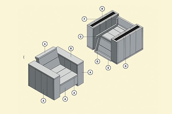 Tekening van een modulaire loungeset met label voor montage