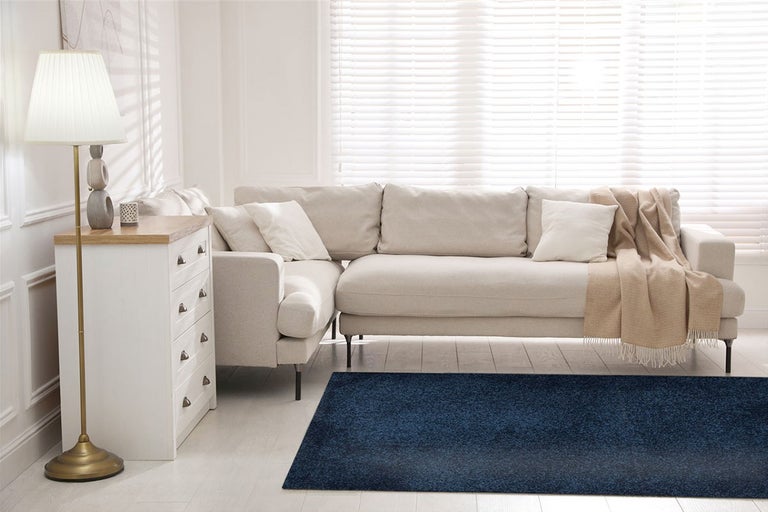 Woonkamer met bank, commode, vloerlamp en donkerblauw tapijt
