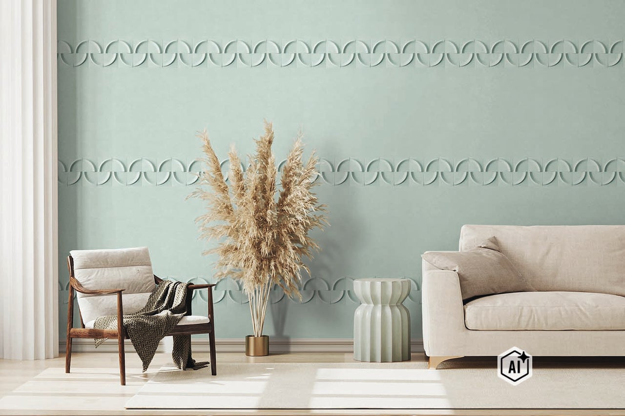 Woonkamer met lichtgroene muur en wandpanelen met halfrond patroon, een fauteuil, bank en een decoratieve vaas met gedroogd gras.