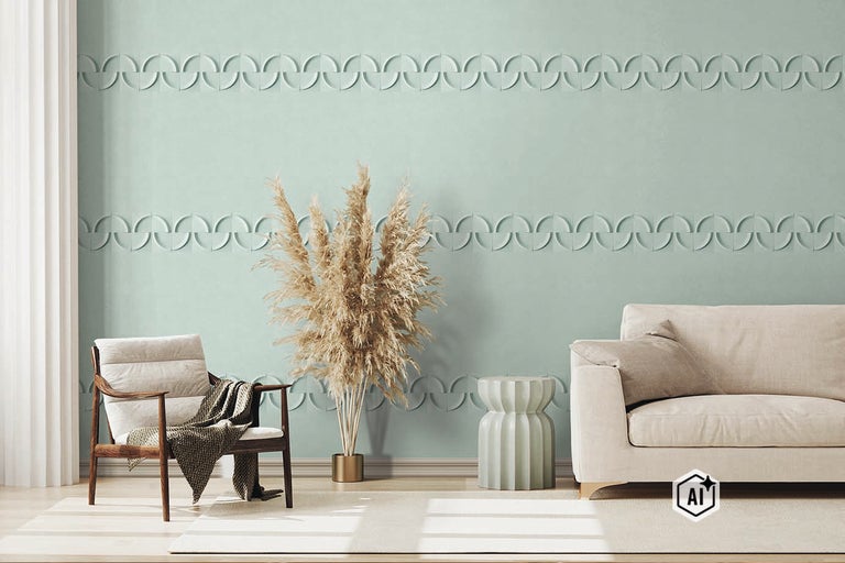 Woonkamer met lichtgroene muur en wandpanelen met halfrond patroon, een fauteuil, bank en een decoratieve vaas met gedroogd gras.
