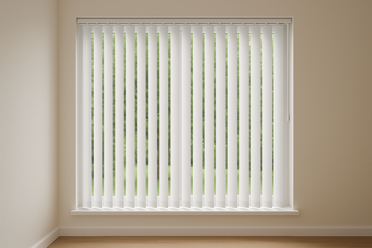 Interieur van een kamer met verticale jaloezieën voor het raam.