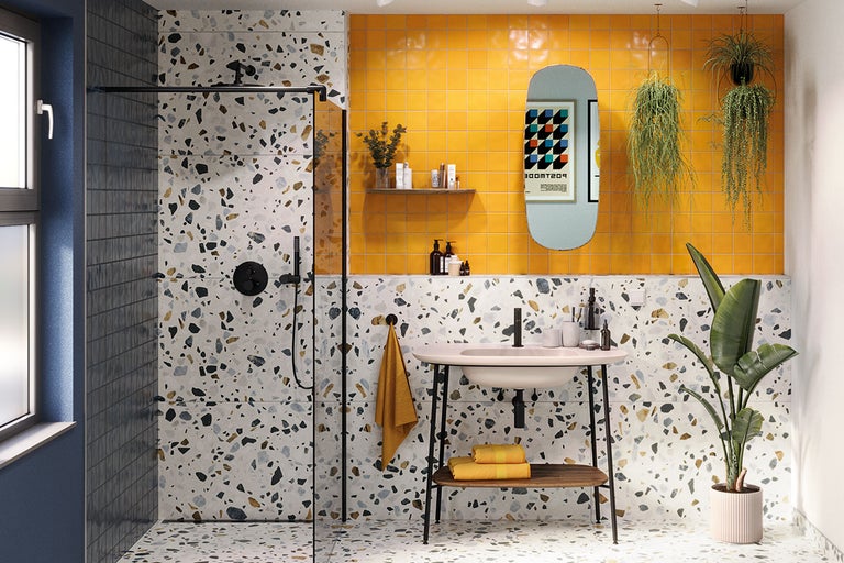 Badkamer met douche, wastafel en terrazzo tegels