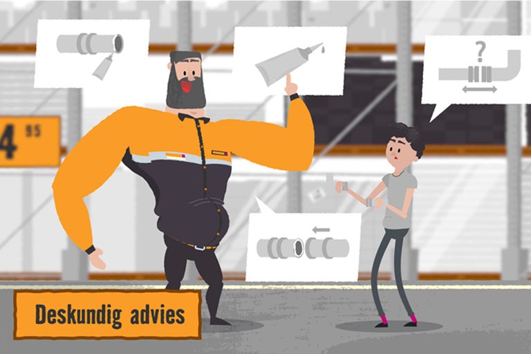 Illustratie van een Hornbach medewerker die adviseert over buisverbindingen