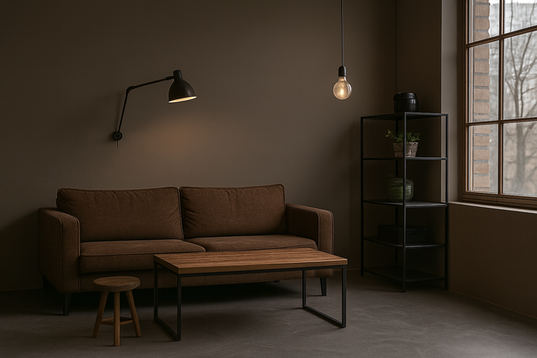 Woonkamer met bank, tafel, kruk, rek en verlichting voor een gezellige sfeer