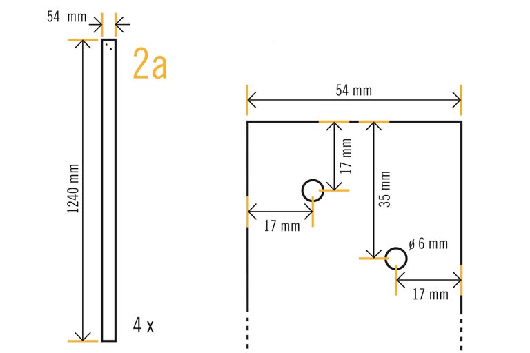 Technische tekening met maatvoering voor een houten lat, lengte 1240 mm, breedte 54 mm, 4 stuks