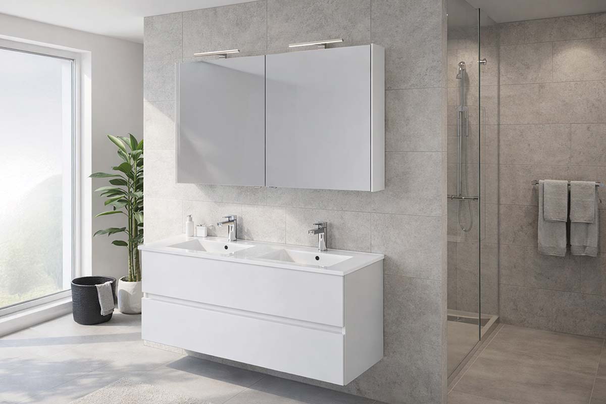 Moderne badkamer met wit dubbel wastafelmeubel, twee laden, grote spiegelkast en douche met glazen wand.