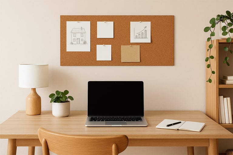 Lichte werkplek met bureau, laptop, lamp, kurkbord en planten voor een georganiseerde en vriendelijke sfeer.