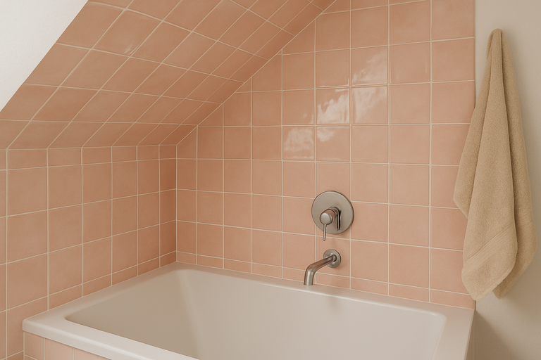 Een badkamer met bad, kraan en handdoek voor wandtegels