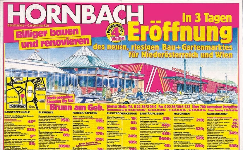 Hornbach advertentie voor de opening van een nieuwe bouw- en tuinmarkt in Neder-Oostenrijk en Wenen met artikelen en prijzen