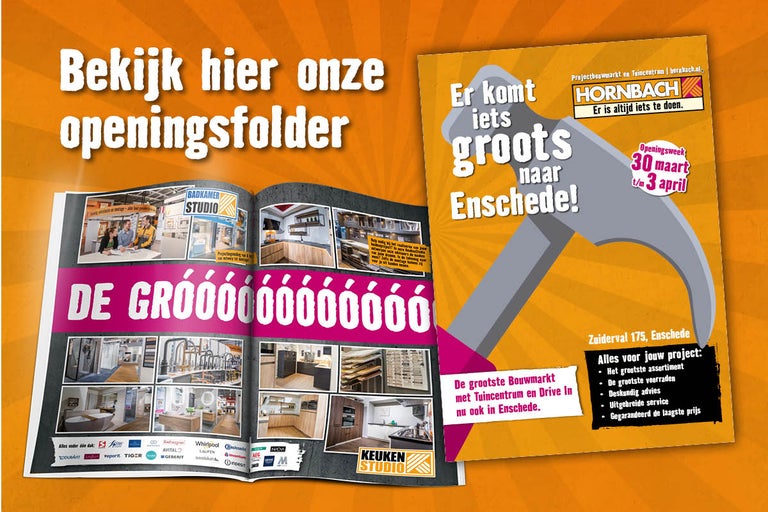 Hornbach openingsfolder met informatie over bouw- en tuincentrum in Enschede