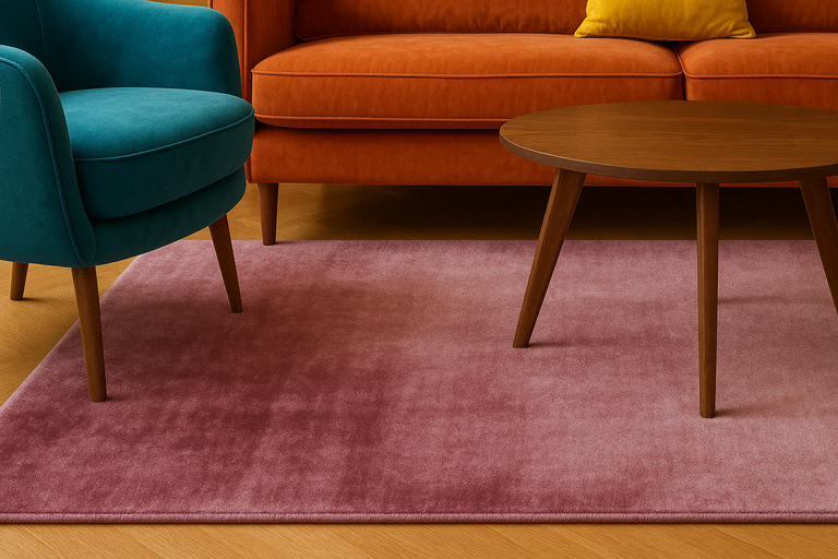 Roze tapijt in een woonkamer met fauteuil, bank en tafel