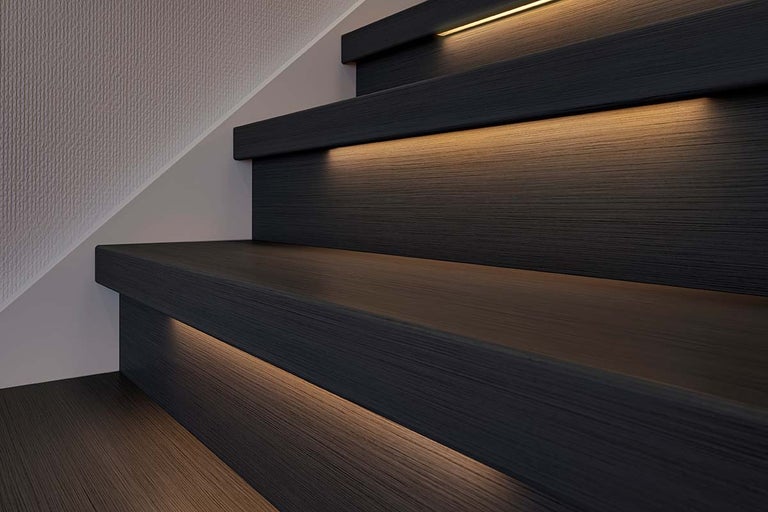 Houten trap met geïntegreerde ledverlichting onder de treden.