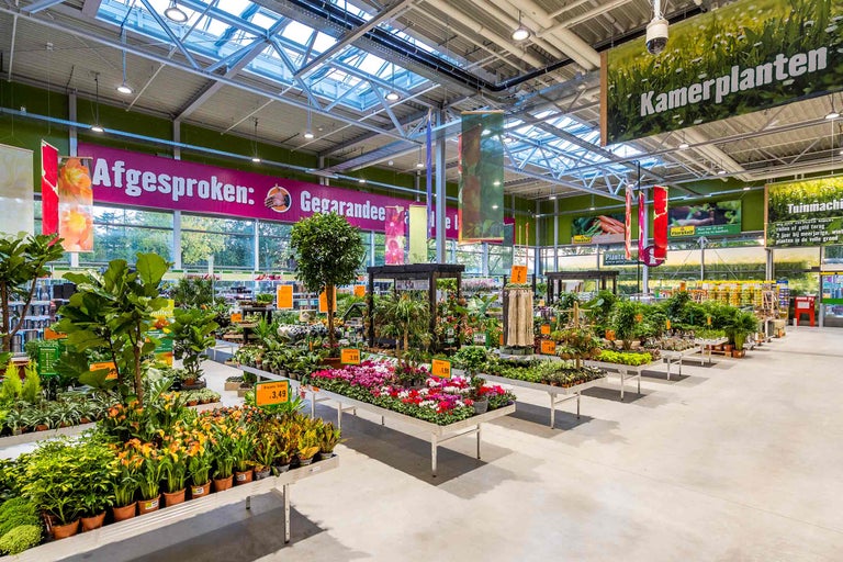 Interieur van een Hornbach tuincentrum met diverse kamerplanten op tafels.