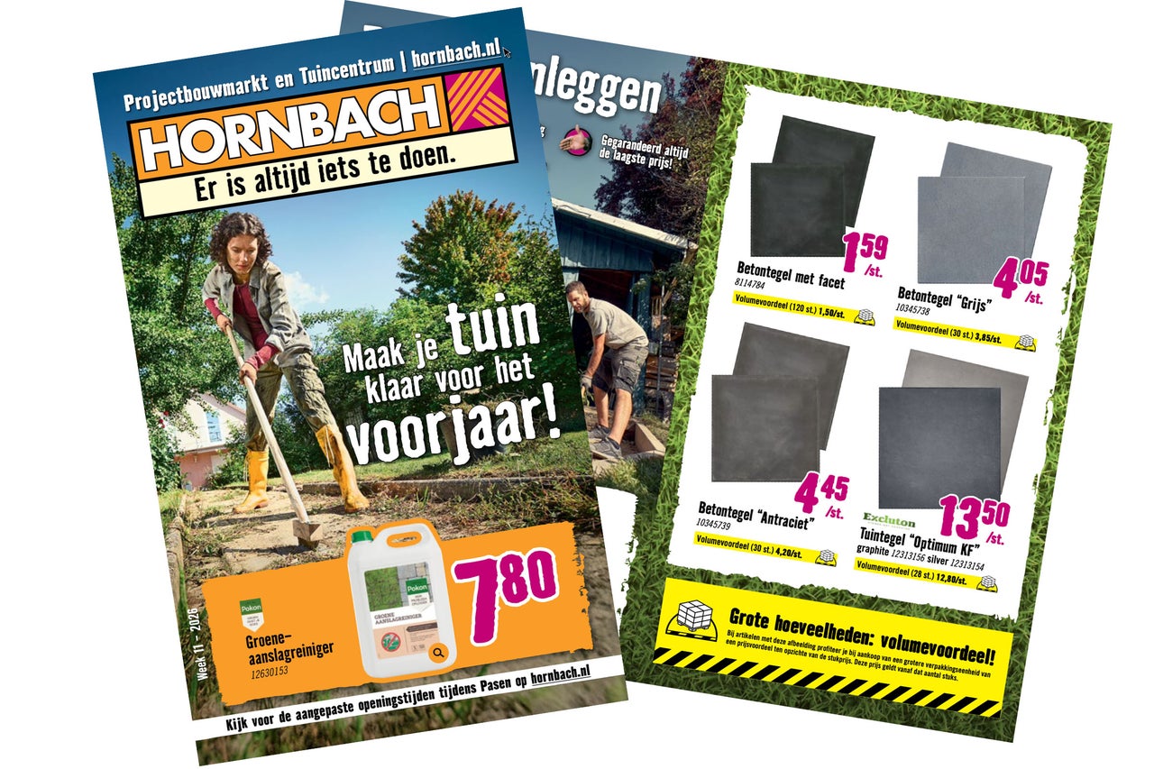 Hornbach folder met tuinmotieven en aanbiedingen voor betontegels en groene aanslagreiniger