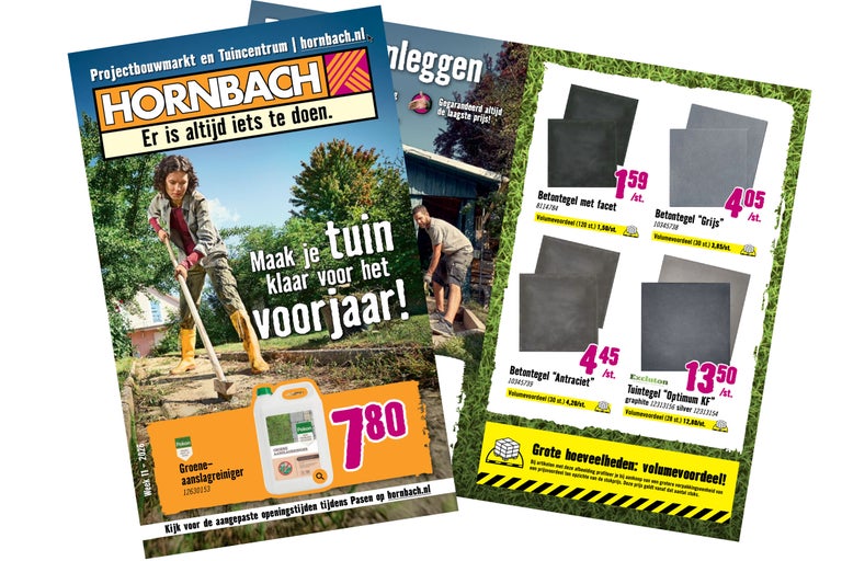 Hornbach folder met tuinmotieven en aanbiedingen voor betontegels en groene aanslagreiniger