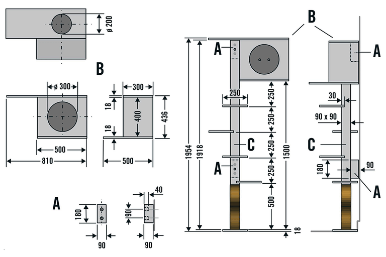 Technische tekening van een krabpaal voor katten met afmetingen