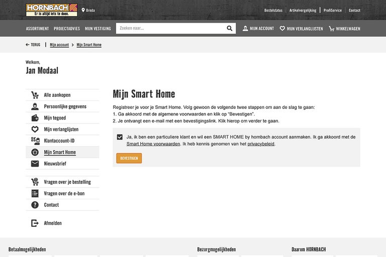 Hornbach website Mijn Smart Home sectie
