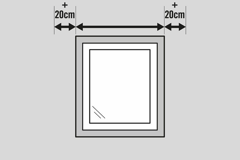 Illustratie van een raam met een aanduiding van plus 20 centimeter extra ruimte aan elke zijde