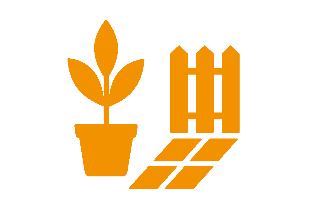 Tuinsymbool met plant, hek en stenen platen