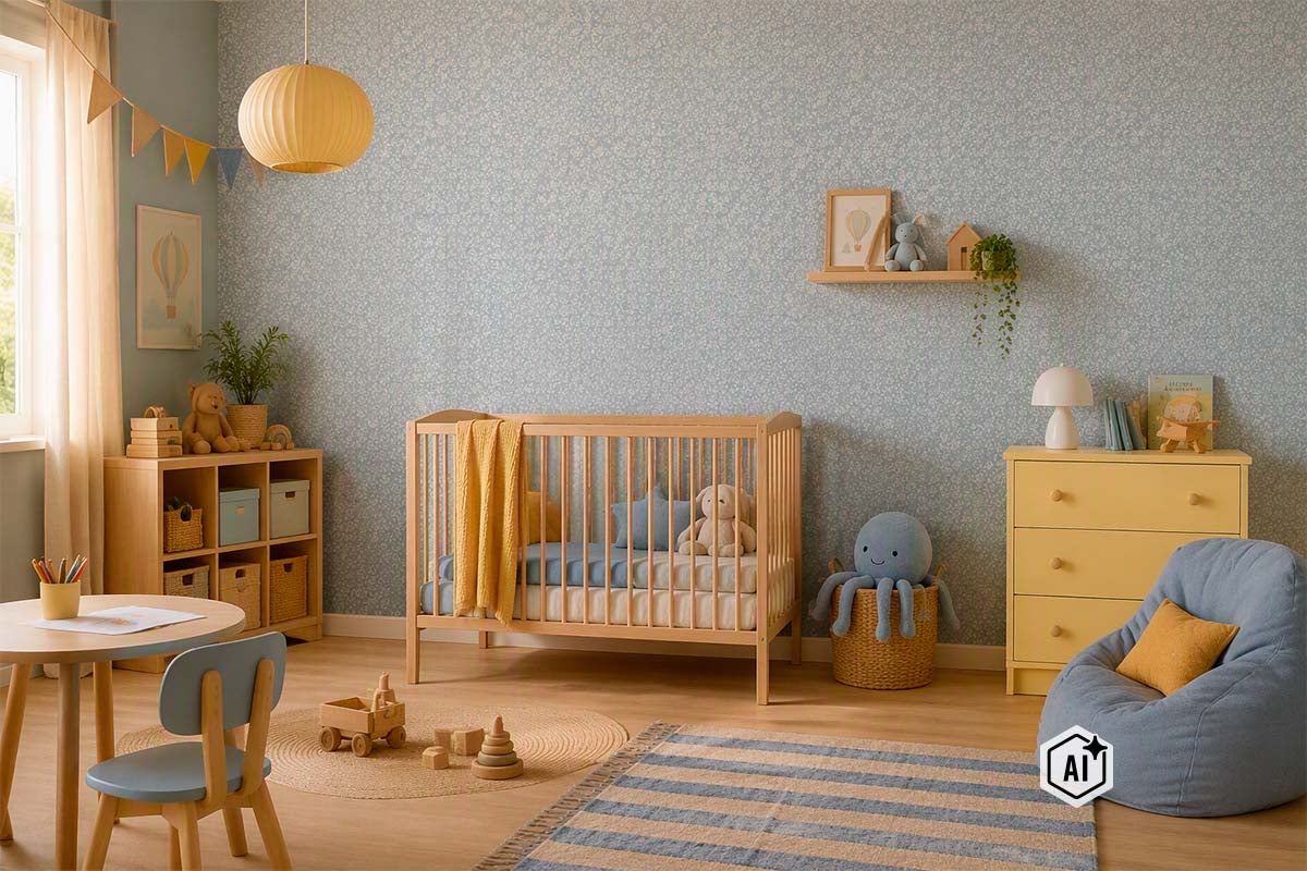 Een lichte kinderkamer met bloemenbehang, een houten bed, een ladekast, speelgoed en een vloerkleed voor een gezellige sfeer.