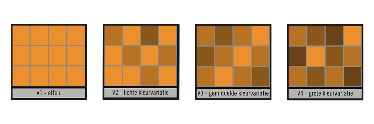 Kleurvariatieniveaus voor tegels van V1 tot V4: effen, lichte variatie, gemiddelde variatie en grote variatie.