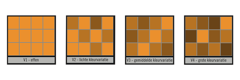 Kleurvariatieniveaus voor tegels van V1 tot V4: effen, lichte variatie, gemiddelde variatie en grote variatie.
