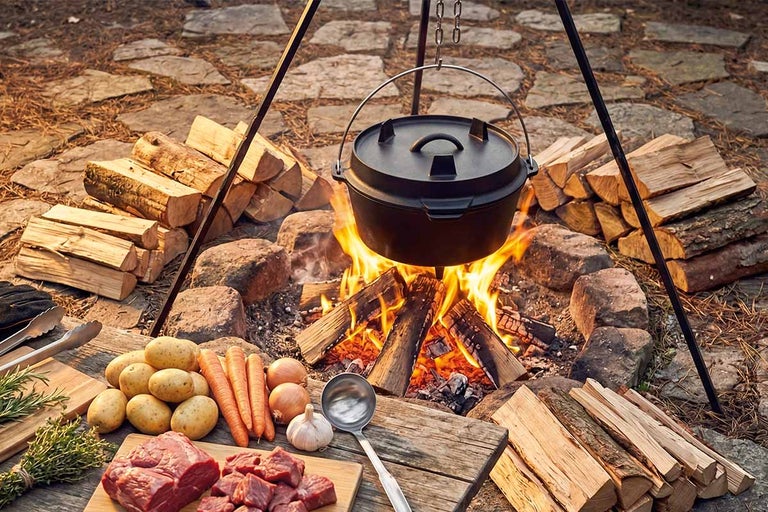 Gietijzeren Dutch oven hangt aan een driepoot boven een kampvuur, omringd door brandhout en ingrediënten zoals vlees en groenten.
