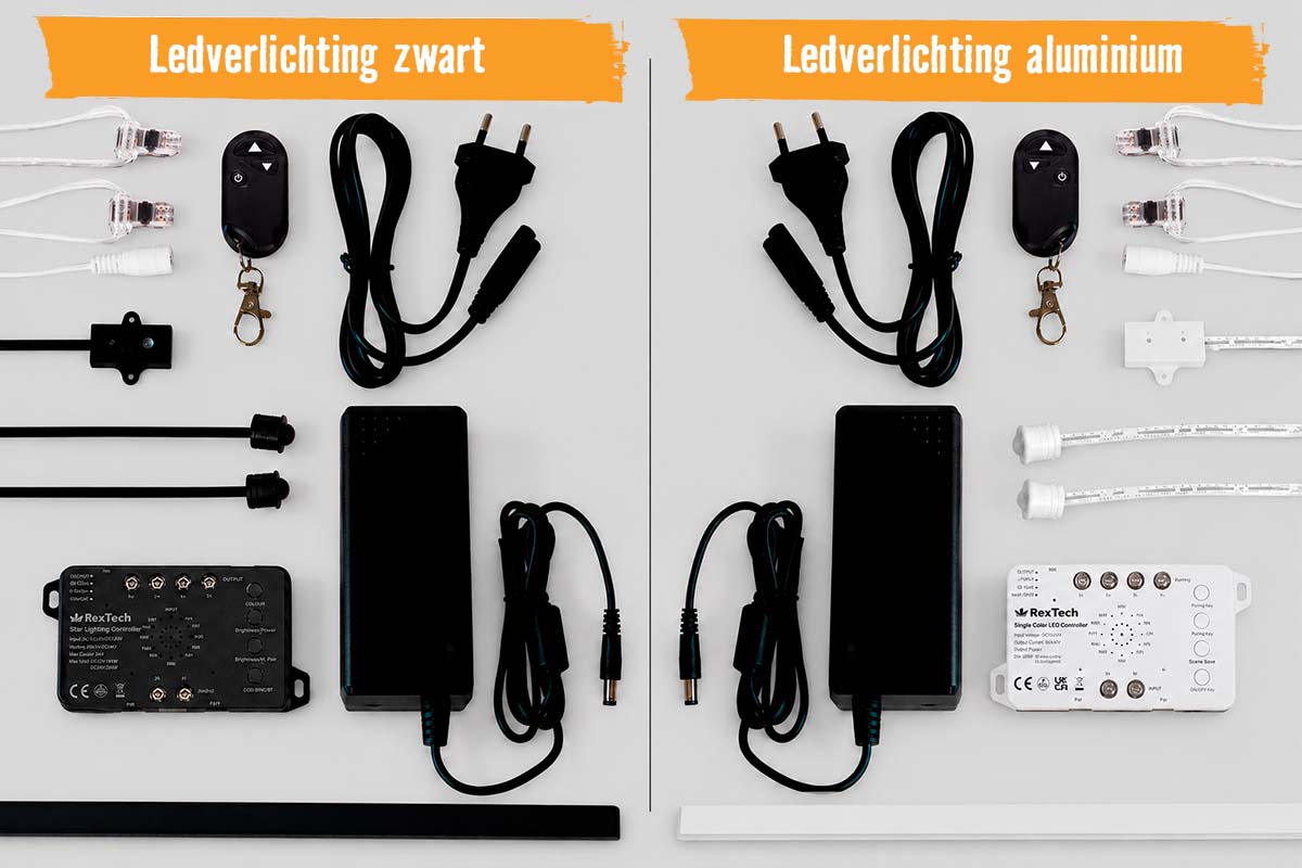 Twee led-verlichtingssets in vergelijking: zwart en aluminium, elk met ledstrip, controller, afstandsbediening, voeding en kabels.