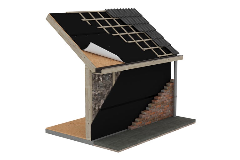 Modeldoorsnede van een huisdak en een huismuur met isolatie en bakstenen