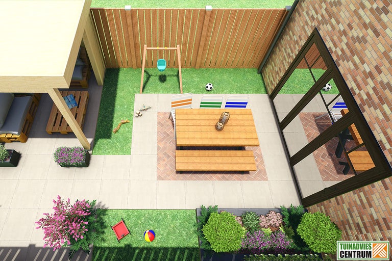 Bovenaanzicht van een aangelegde tuin met terras, zithoek, speelplaats en beplanting