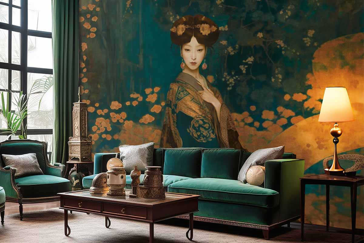 Woonkamer met bank, fauteuil, tafel en behang met patroon