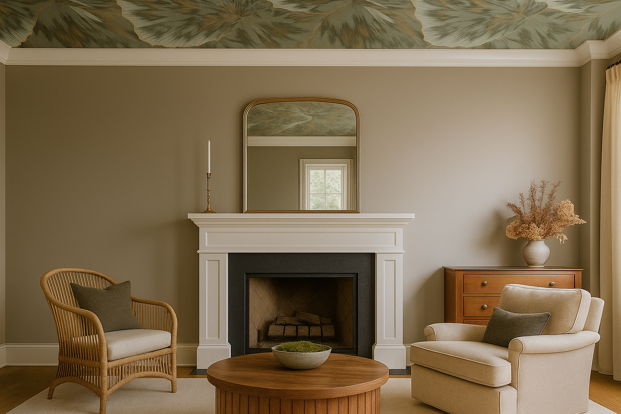 Woonkamer met open haard, fauteuils en decoratie voor een gezellige sfeer