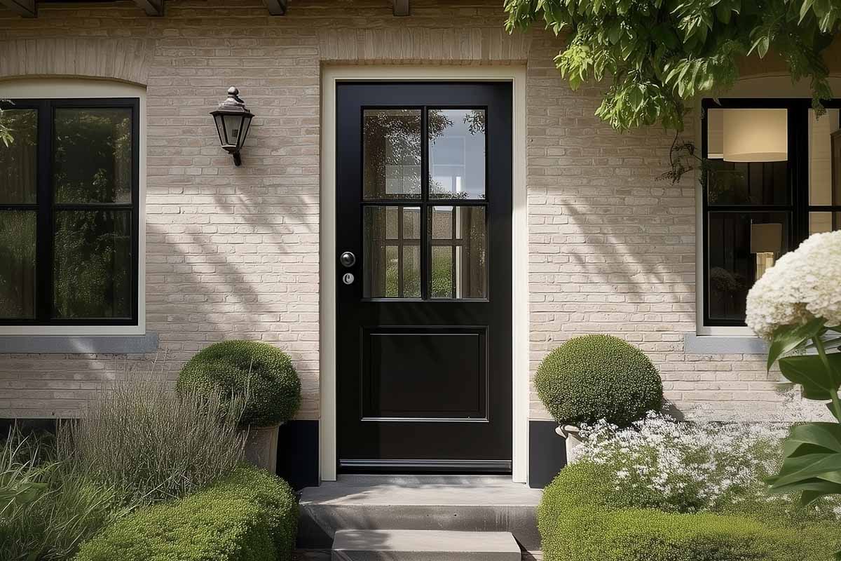 Zwarte voordeur met vier glasvlakken en een paneel onderaan, geplaatst in een lichte bakstenen muur met buxusstruiken.