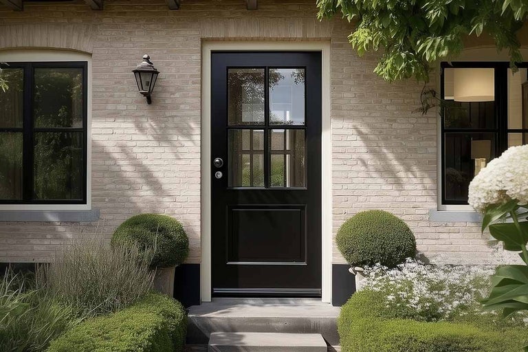 Zwarte voordeur met vier glasvlakken en een paneel onderaan, geplaatst in een lichte bakstenen muur met buxusstruiken.
