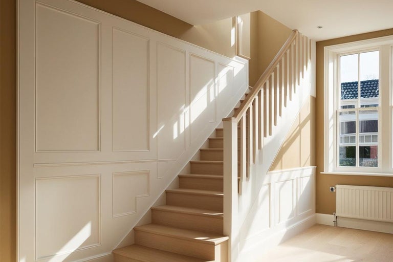 Lichte hal met trap, wandpanelen en raam voor een vriendelijke sfeer.