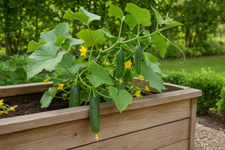Komkommerplant met vruchten en bloemen in een houten plantenbak